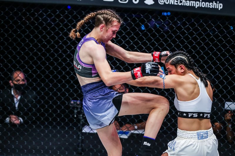 Smilla Sundell landing a flying knee on an opponent during a ONE Championship fight